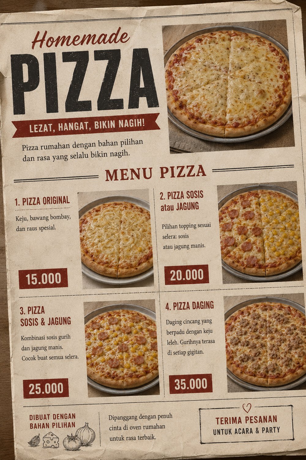 Poster menu Pizza Tian homemade Bekasi lengkap dengan harga